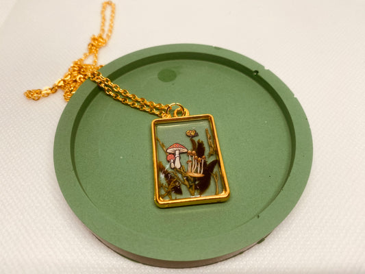 Rectangular, gold mushroom pendant necklace