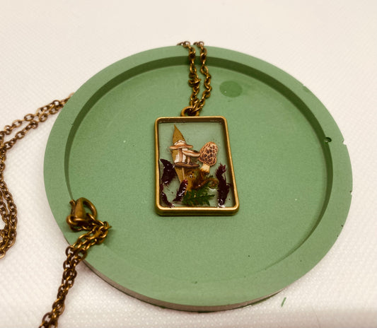 Rustic gold, rectangular mushroom pendant necklace